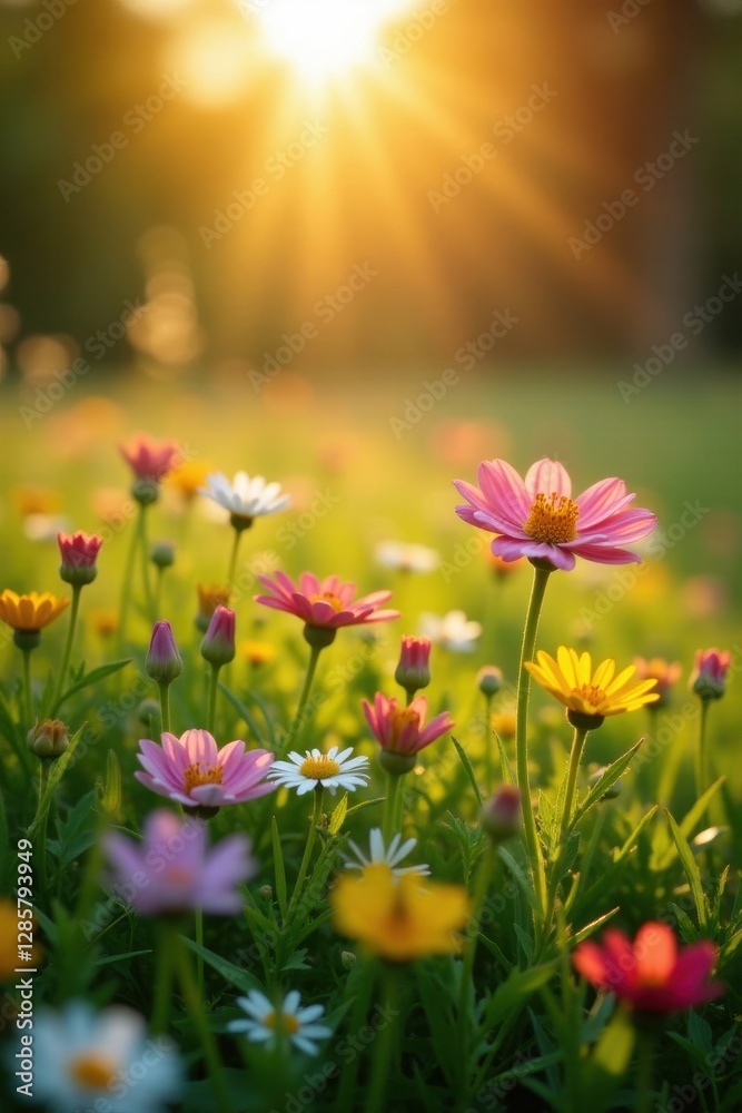 Fototapeta premium Golden sun rays illuminate vibrant wildflowers in a dew-kissed spring meadow , nature photography, sunlight