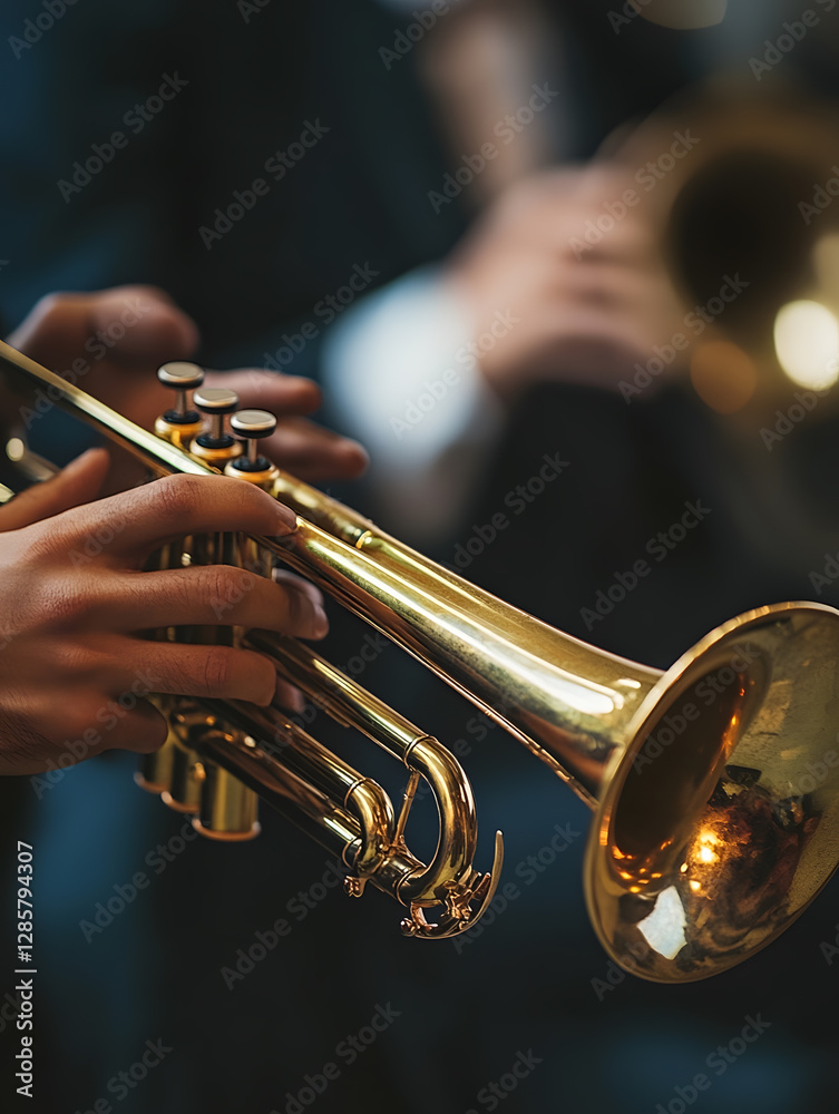Obraz premium Close-Up of a Brass Trumpet Being Played by Musician at Jazz Concert : Generative AI
