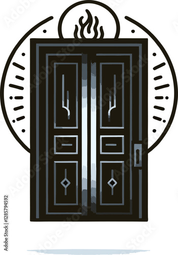 An artistic representation of a door with a flame above, symbolizing the concept of immortality. The design features clean lines, a circular frame, and a modern aesthetic. 