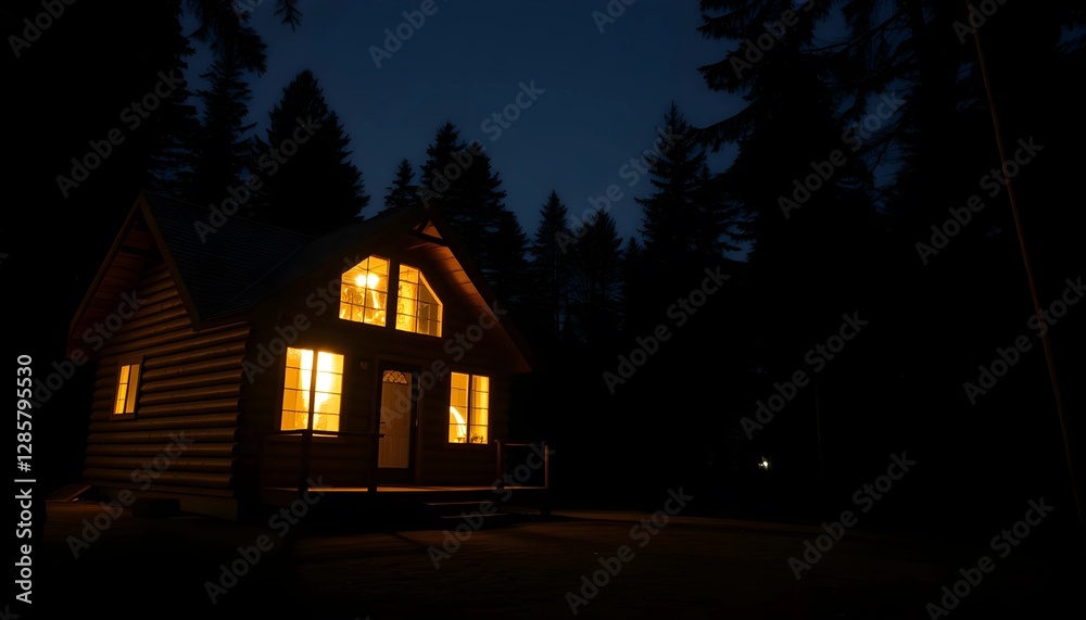 house in the woods in the night view house in the woods in the night view