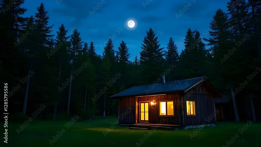 The house in the middle of forest with full moon and night view The house in the middle of forest with full moon and night view