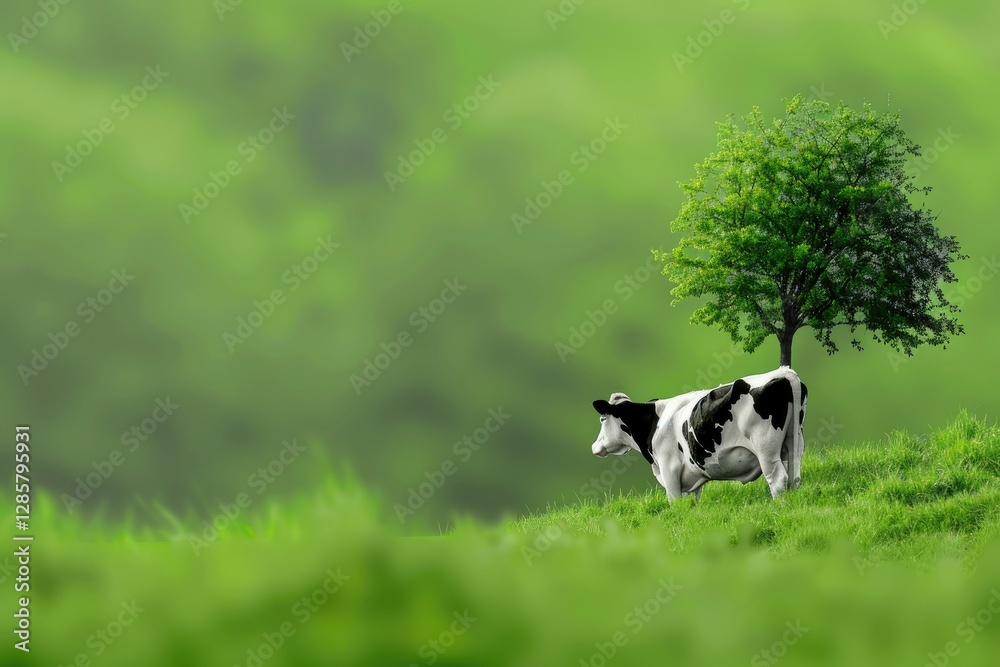 High Quality Visual of Black and White Cow on Green with Tree on Background High Quality Visual of Black and White Cow on Green with Tree on Background