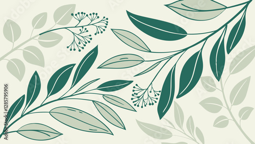 Botanical Serenity: A minimalist illustration showcases the delicate beauty of nature, with gracefully curved branches and lush leaves in shades of green.
