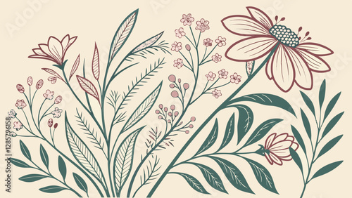 Elegant Floral Illustration: A delicate botanical illustration showcases a vibrant assortment of wildflowers, each meticulously drawn with intricate lines and subtle color gradients