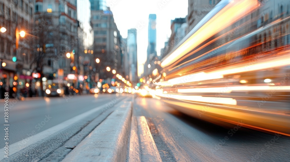 Fototapeta premium Bright light trails from a speeding vehicle rush down a busy metropolitan avenue at dusk.