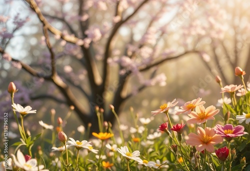 Vivid Spring Awakening: A Lush, Dreamy Landscape of Butterflies and Sunrise Light