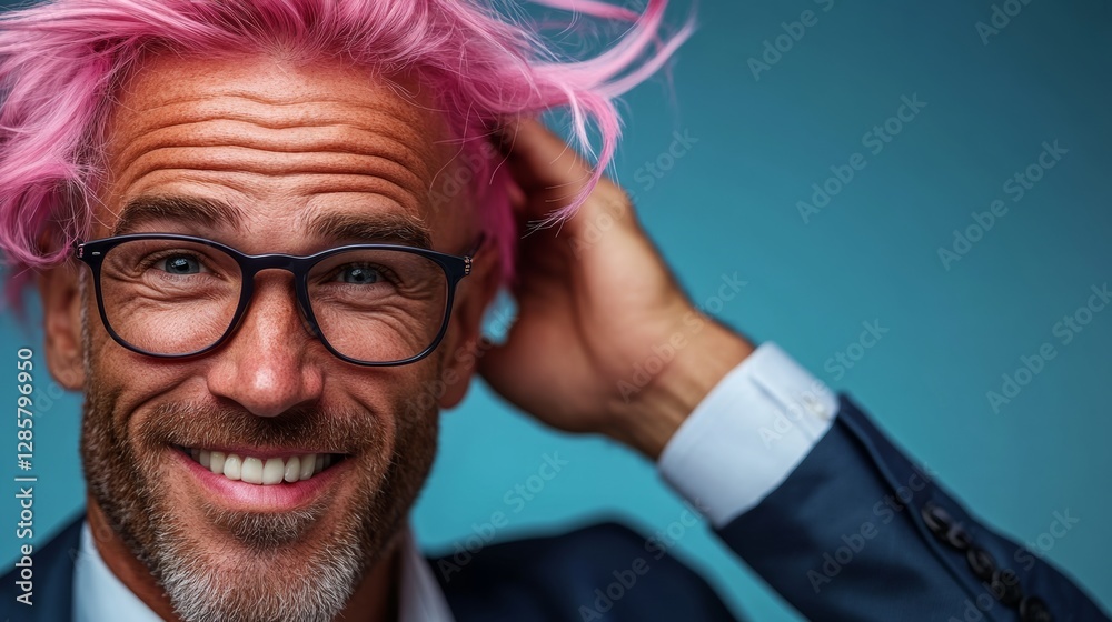 Obraz premium Man with pink hair and glasses is smiling and posing for a picture. Concept of humor and playfulness, as the man's unconventional appearance and the pink hair make him stand out