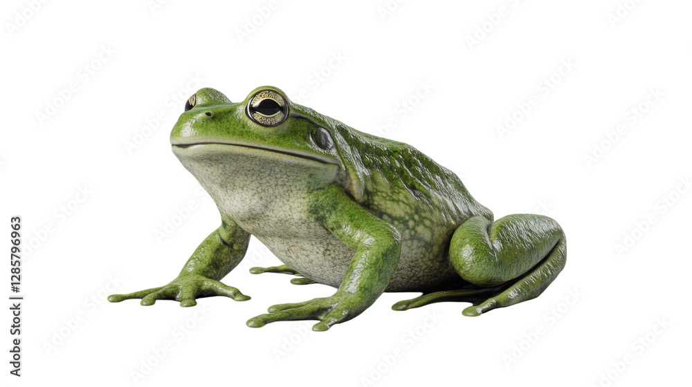 Fototapeta premium Green frog resting on a surface, showcasing its vibrant skin and distinct features in natural light