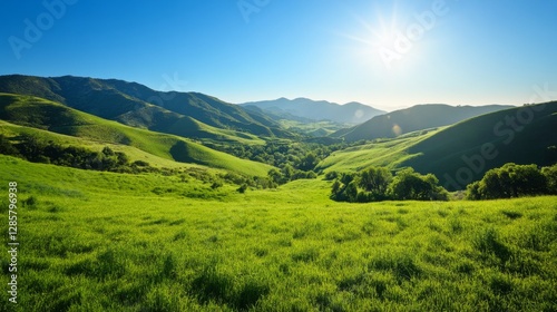 Sunny valley view of green hills