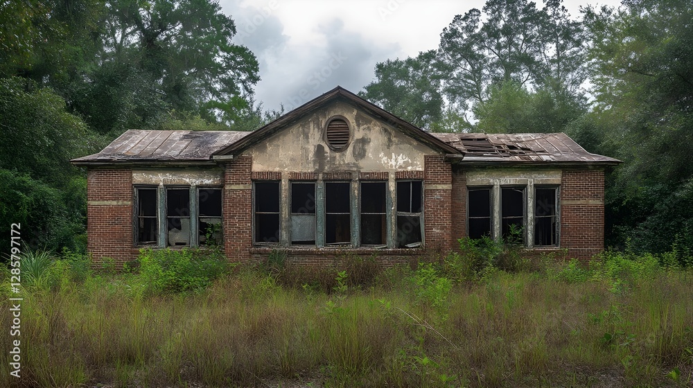 Weathered Brick Building: An Abandoned Building Slowly Reclaimed by Nature and Overgrowth. Weathered Brick Building: An Abandoned Building Slowly Reclaimed by Nature and Overgrowth.