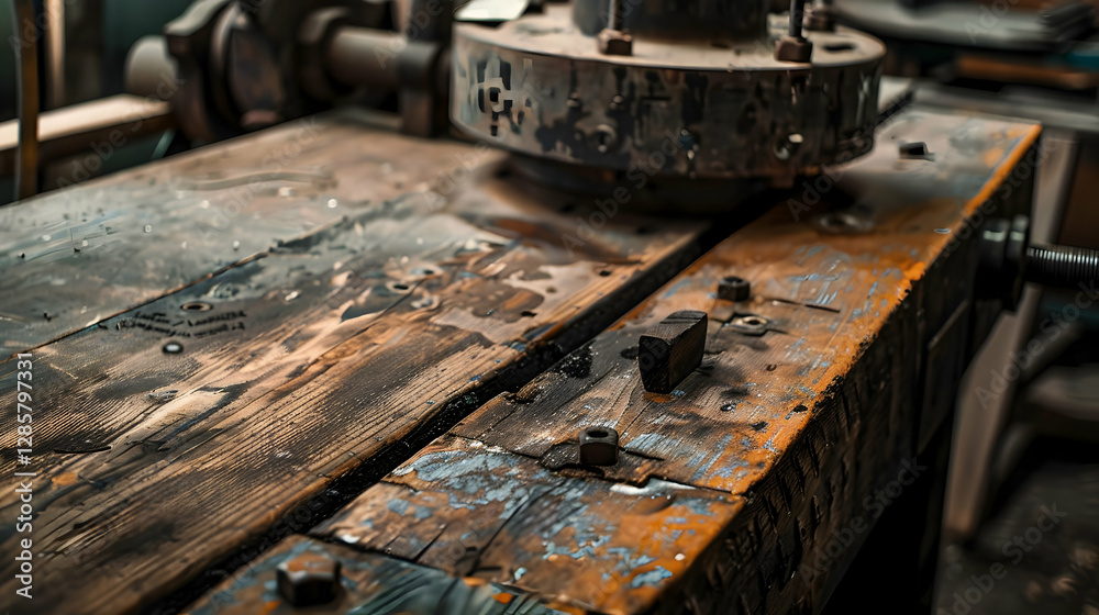 Close-up of a weathered wooden workbench with tools and machinery in a workshop setting Close-up of a weathered wooden workbench with tools and machinery in a workshop setting