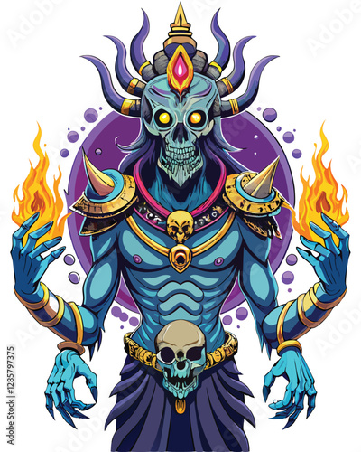 A terrifying deity, skull-faced, with countless arms overflowing with cosmic energy, rendered in a dark, dramatic style.