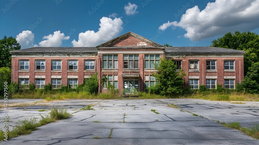 Decaying Brick Building with Overgrown Vegetation and Cracked Pavement Under a Cloudy Sky Decaying Brick Building with Overgrown Vegetation and Cracked Pavement Under a Cloudy Sky