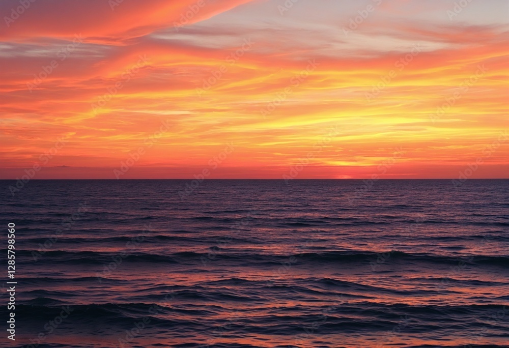 A stunning evening sky painted in rich oranges and pinks as the sun dips below the horizon over the calm sea. A stunning evening sky painted in rich oranges and pinks as the sun dips below the horizon over the calm sea.