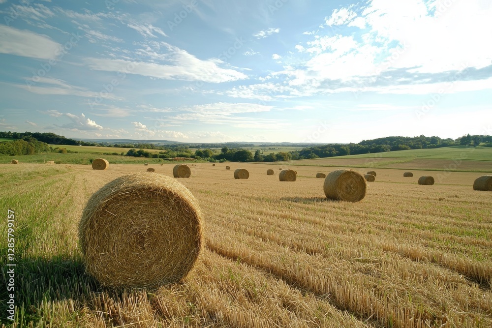 Fototapeta premium A serene landscape featuring golden hay bales scattered across a vast field under a clear blue sky, depicting the beauty of rural agriculture.