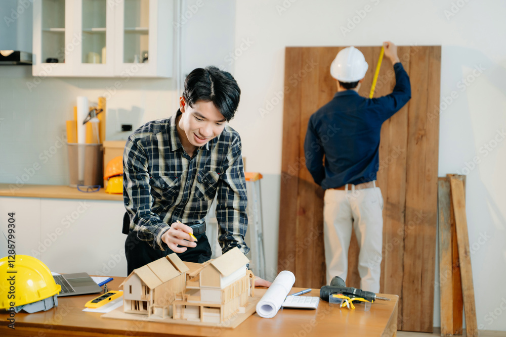 Architects and engineers collaborate on a building model, designing, planning, and measuring with teamwork, Architects and engineers collaborate on a building model, designing, planning, and measuring with teamwork,