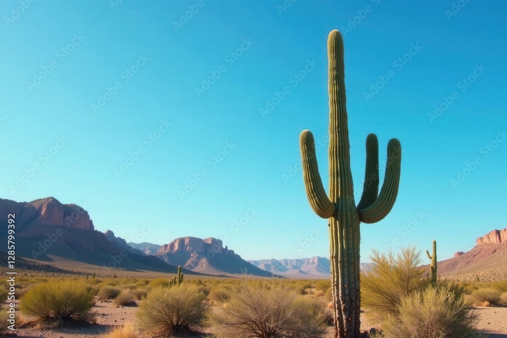 Single saguaro cactus against clear desert sky, wildlife, isolated Single saguaro cactus against clear desert sky, wildlife, isolated