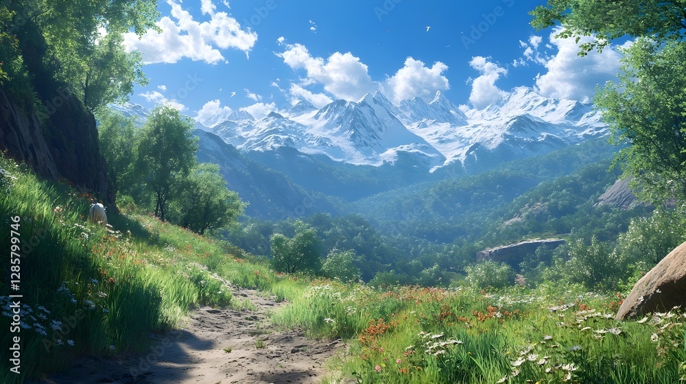 Fototapeta premium Breathtaking Mountain Vista with Lush Meadows and Majestic Peaks Under a Bright, Sunny Sky 