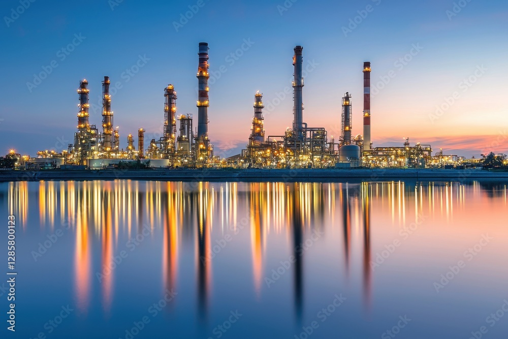 Obraz premium A stunning view of a modern oil refinery at sunset, reflecting in the water, showcasing industrial innovation and energy production.