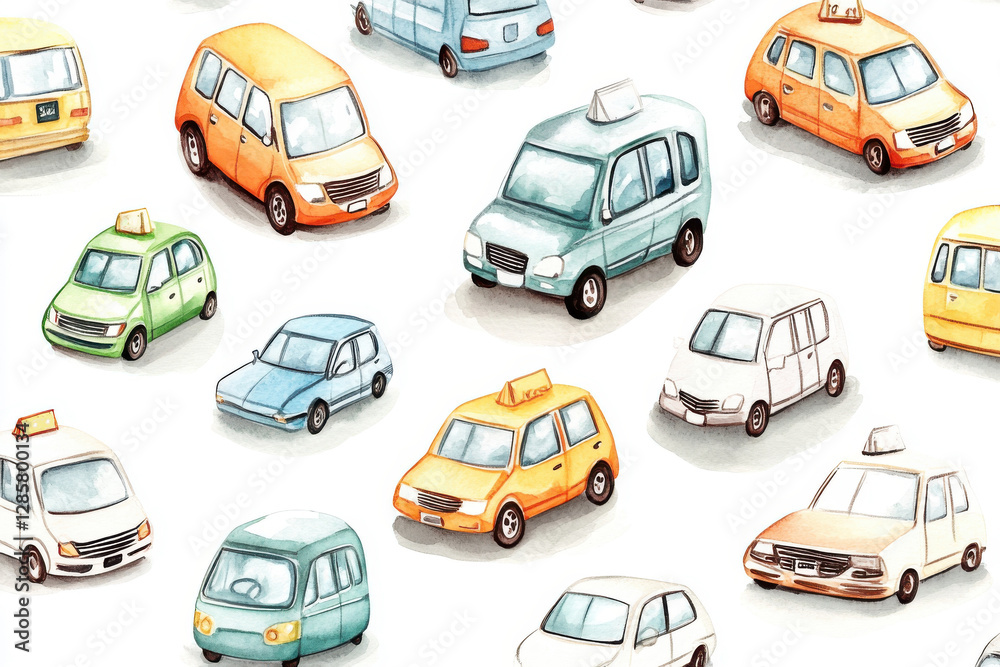 A colorful and playful illustration featuring a variety of cars, showcasing different shapes and sizes. Perfect for transport or city themes.