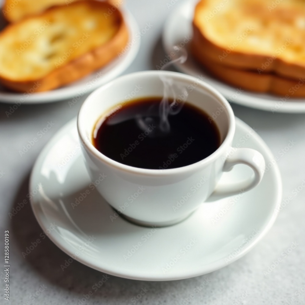 Steaming black coffee in elegant white china, accompanied by perfectly toasted bread, hot coffee, composition