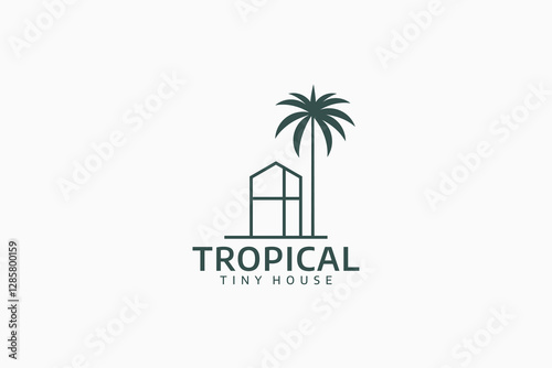 a simple tropical tiny house logo with a tiny house and palm tree.