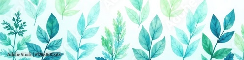 Subtle blue and green watercolor leaves, organic repeating motif, organic, green