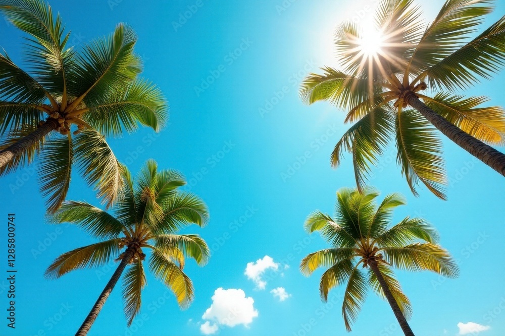 Sun-drenched coconut palms against a vibrant blue sky, palm trees, palm tree, travel