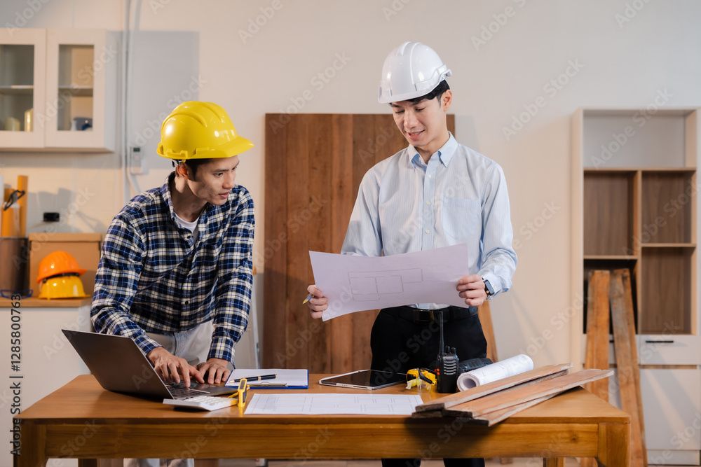 Team architect or engineer in office working on architects project.. Team architect or engineer in office working on architects project..