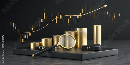 Gold Stock Market Growth Concept with Buy Sell Buttons and Coins
