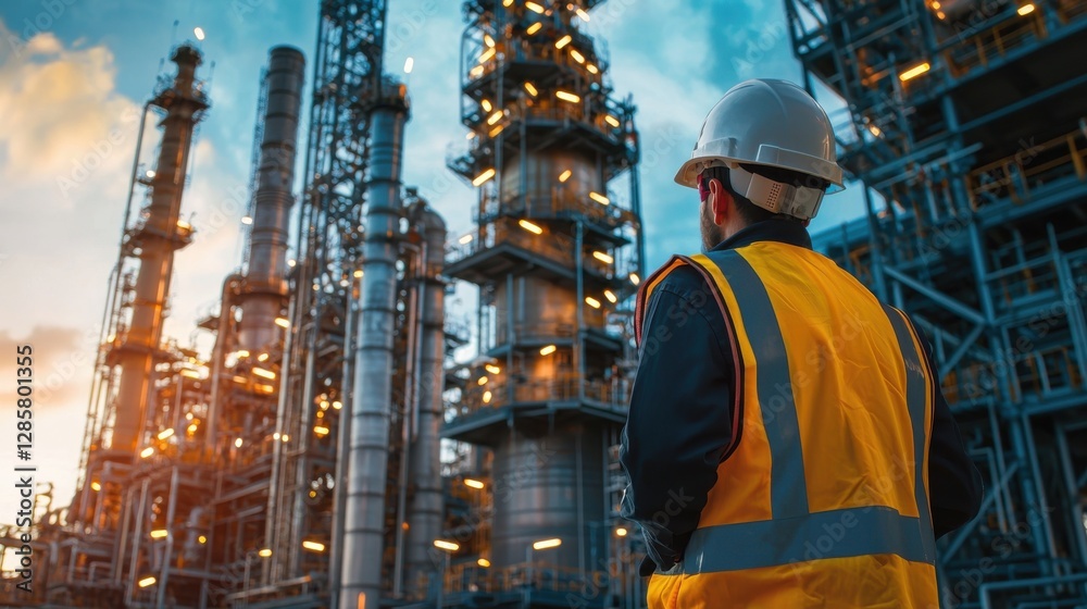 A worker in safety gear observes the industrial landscape, focused on the towering structures of an oil refinery during sunset. A worker in safety gear observes the industrial landscape, focused on the towering structures of an oil refinery during sunset.
