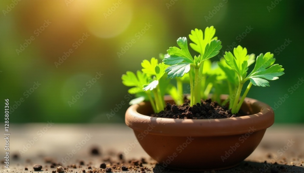 Tiny cilantro shoots in a rustic clay pot, sunlit, garden, rustic Tiny cilantro shoots in a rustic clay pot, sunlit, garden, rustic