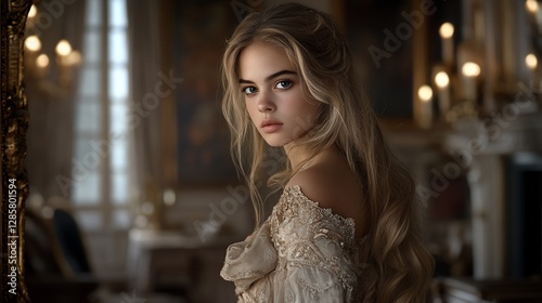 Elegant blonde woman in palace interior