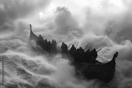 Viking warriors navigating turbulent seas in a dark stormy environment