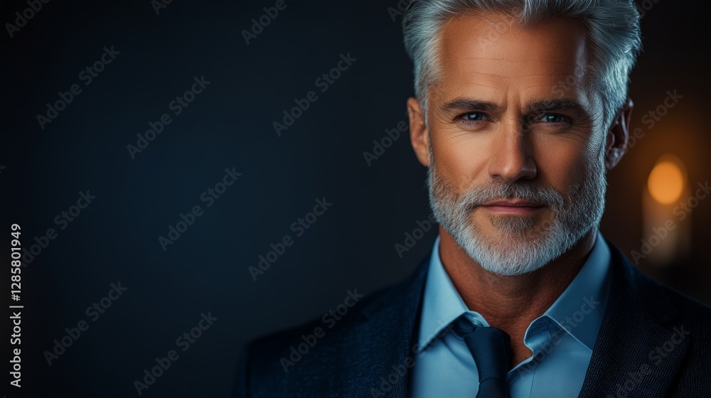 Man with a beard and gray hair is wearing a blue suit and tie. He is looking directly at the camera Man with a beard and gray hair is wearing a blue suit and tie. He is looking directly at the camera