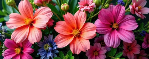 Vibrant floral bouquet, various blooms, lush greenery , art, lilies