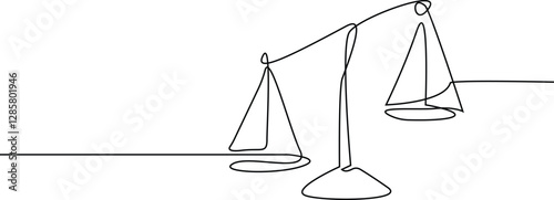 Law balance scale continuous one line drawing, thin line image of justice scales icon - Vector.