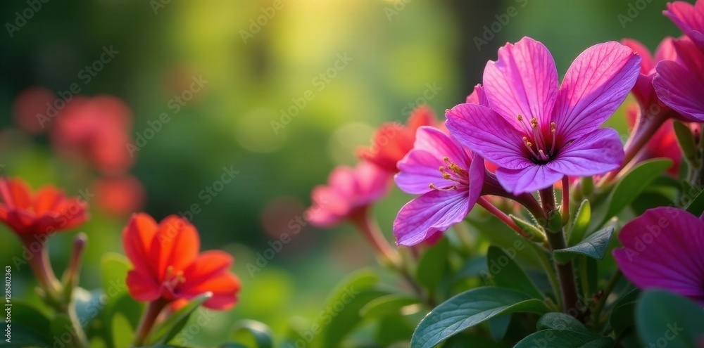 Fototapeta premium Vibrant purple & red spring blooms in lush garden , natural light, landscape