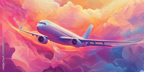A modern airplane soars through a vibrant sky filled with colorful, flowing clouds in a dreamy and artistic style