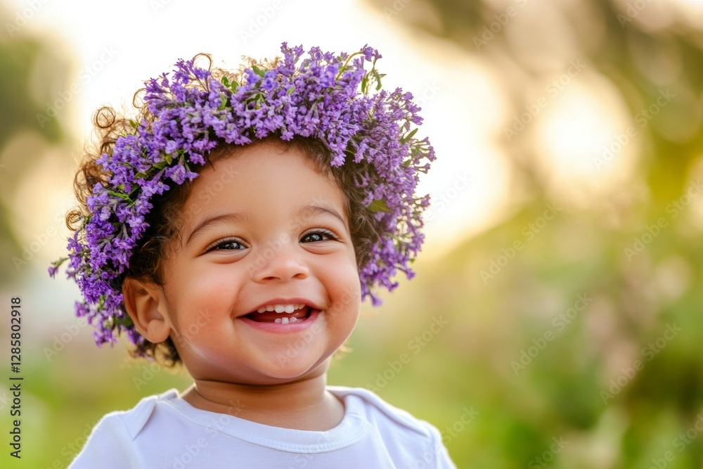 Happy holiday season holidays visual idea. Sunny daylight. Smiling mixed-race infant boy with tt hair wearing purple flower circlet on his head. Cute child in a dreamy floral scene. Happy holiday season holidays visual idea. Sunny daylight. Smiling mixed-race infant boy with tt hair wearing purple flower circlet on his head. Cute child in a dreamy floral scene.