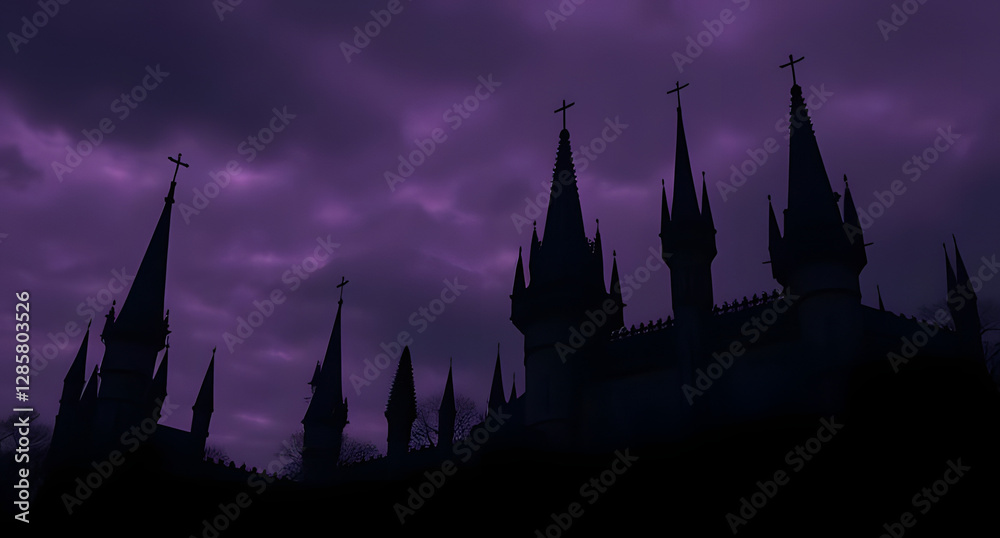 Obraz premium Dark gothic castle background. Black spires, moody purple sky, eerie atmosphere