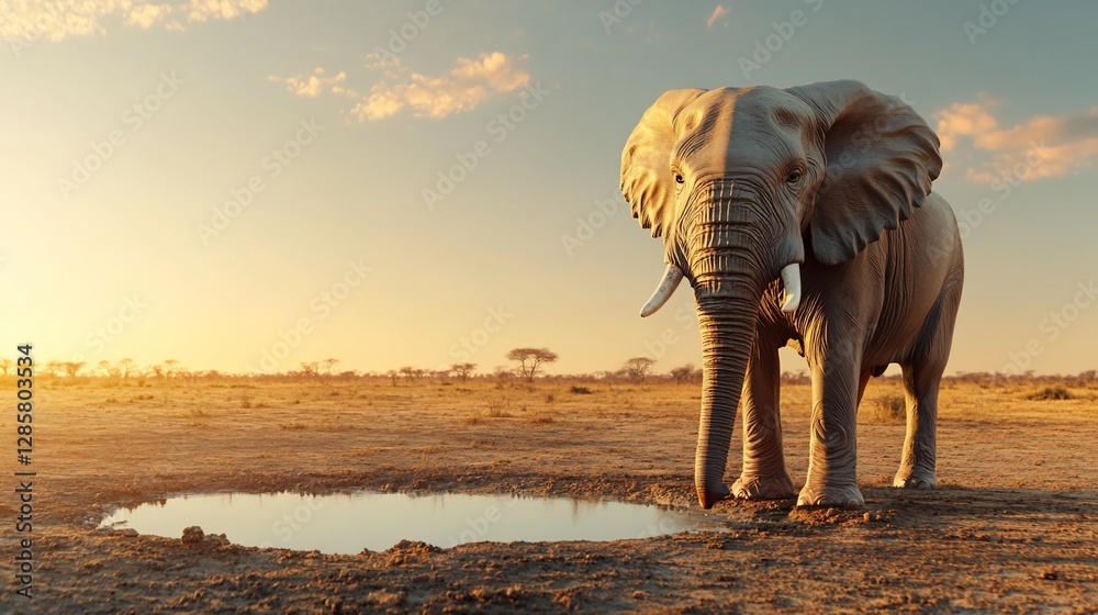 Fototapeta premium Elephant drinks at sunset, savanna background