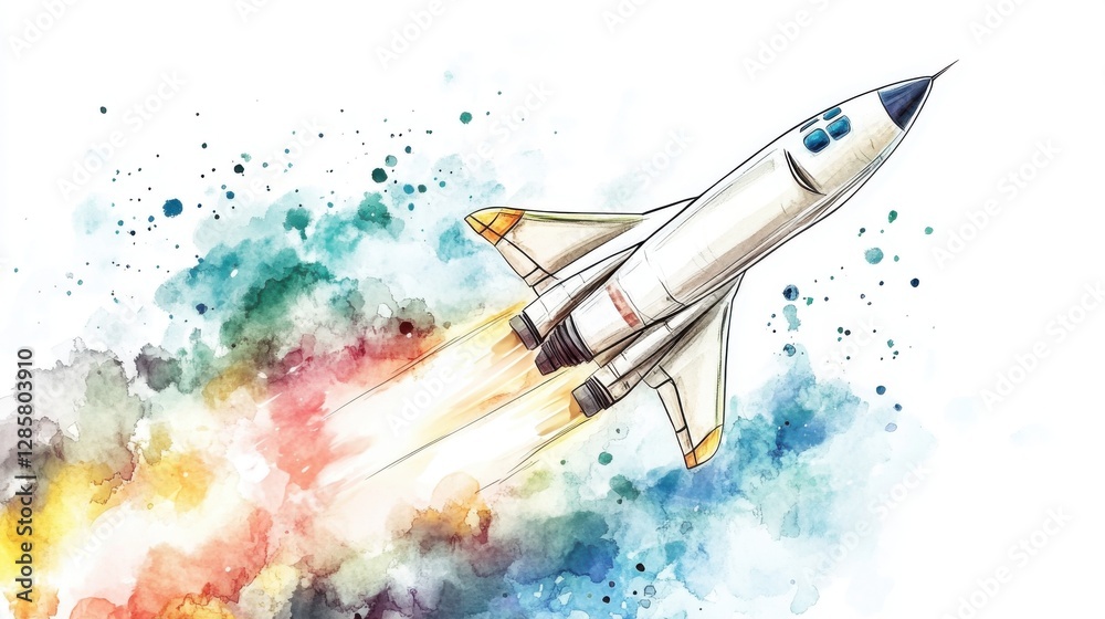 Naklejka premium A vibrant watercolor painting of a rocket launching into space, surrounded by colorful splashes, symbolizing exploration and innovation.