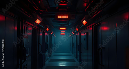 Dark sci-fi corridor with red emergency lights background. Industrial setting filled with tension
