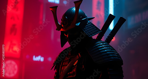 Cyberpunk samurai neon background. Dark silhouette against glowing red and blue lights