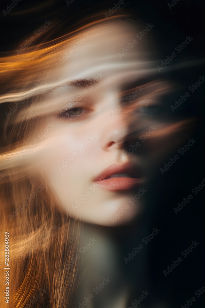 Artistic Portrait with Ethereal Motion Blur of Young Woman in Low-Light Setting : Generative AI