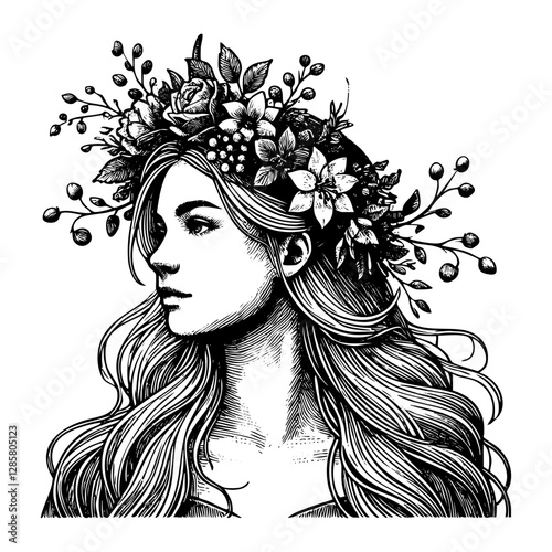 Flower on girl's hair engraving black and white outline. Scratch board imitation.  illustrated in vintage line art style on a white background.
