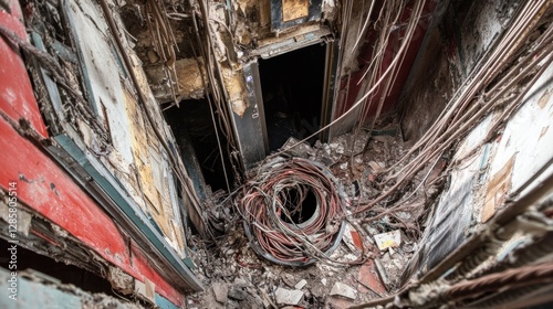 Dilapidated Interior with Exposed Wires and Debris in Abandoned Building