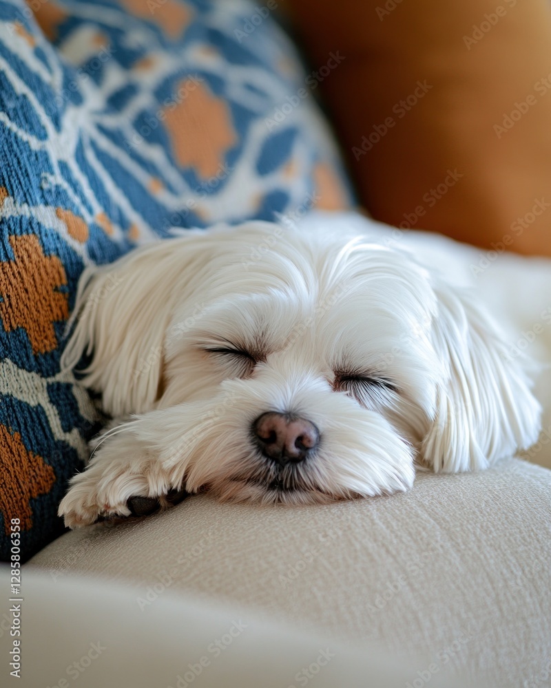 Adorable white fluffy dog peacefully sleeping on a soft cushion. Adorable white fluffy dog peacefully sleeping on a soft cushion.