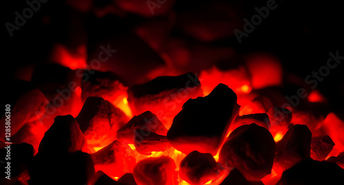 Red-hot embers glowing in darkness background. Charcoal remains radiating soft heat